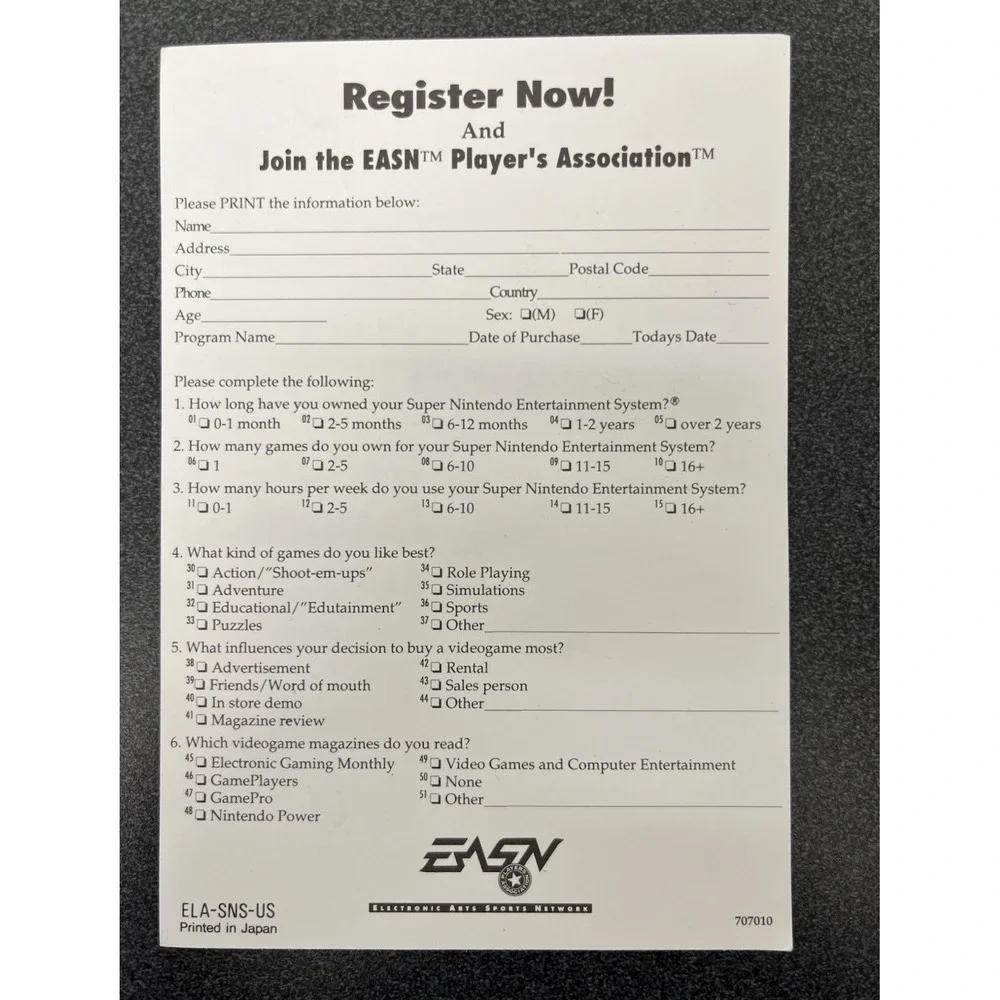 EA Electronic Arts Super Nintendo Registration Card Insert ELA-SNS-US-1 SNES